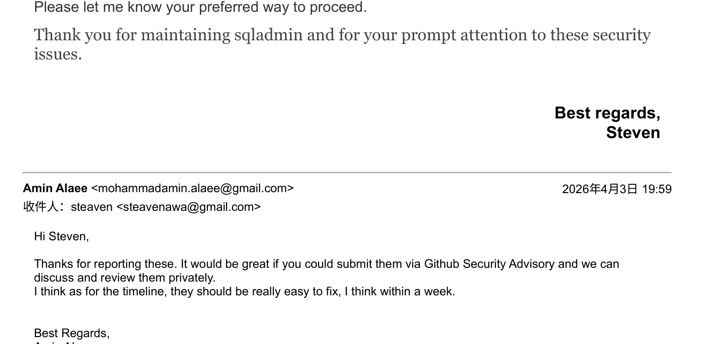 sqladmin maintainer reply
